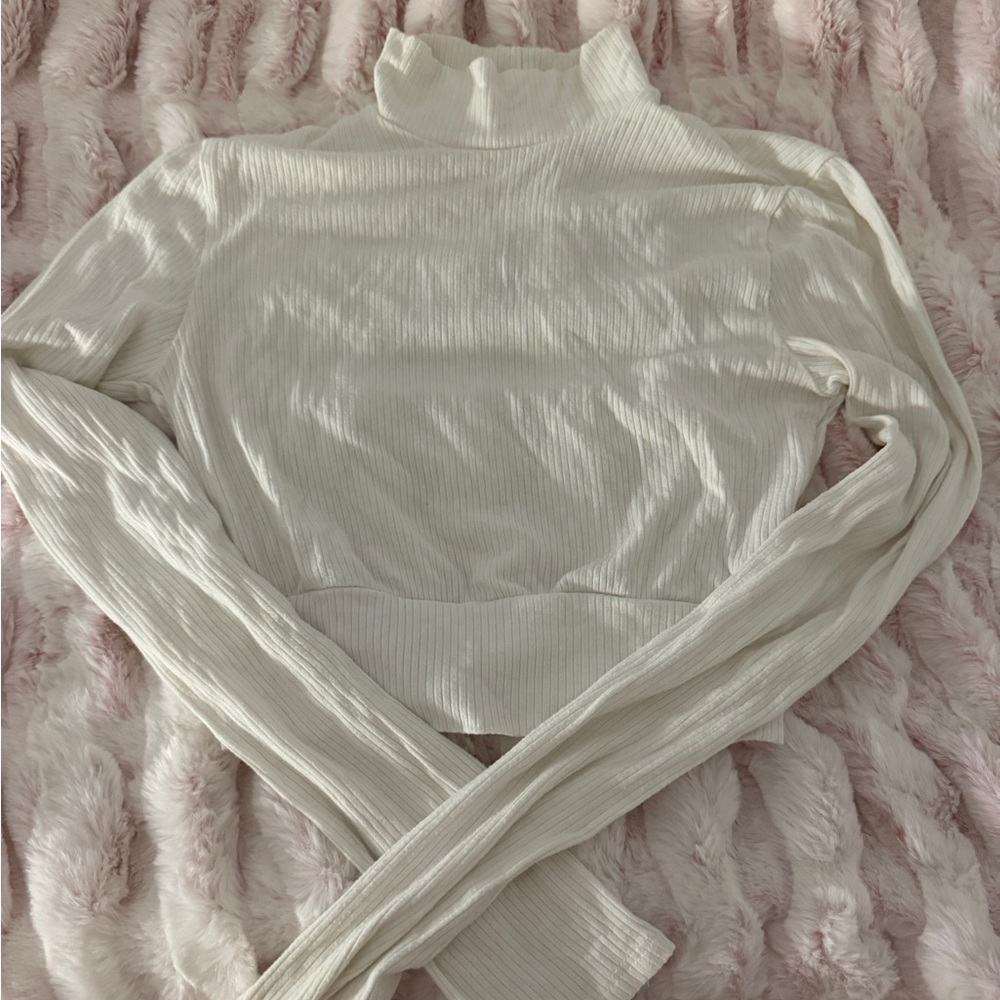 Garage turtleneck white ribbed crop top open back